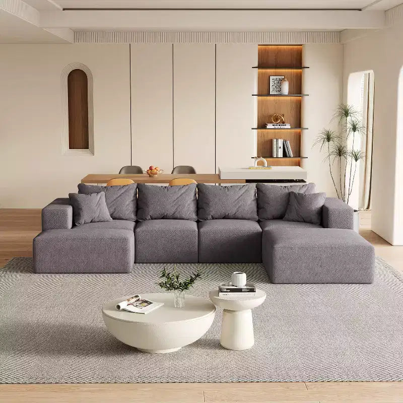 Set Divano Componibile a L per Soggiorno da 132 Pollici in Ciniglia Beige con 6 Cuscini