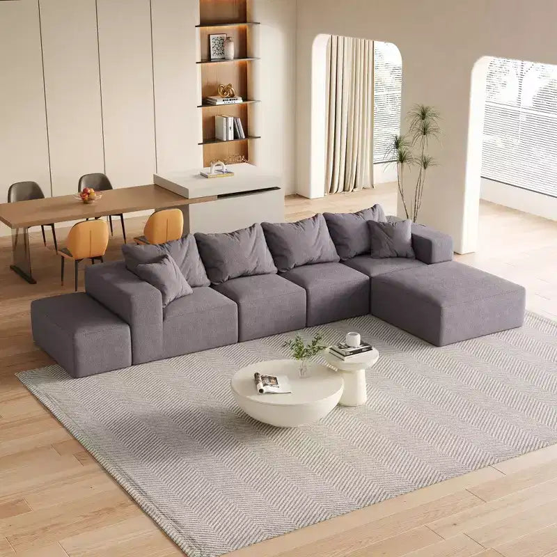 Set Divano Componibile a L per Soggiorno da 132 Pollici in Ciniglia Beige con 6 Cuscini