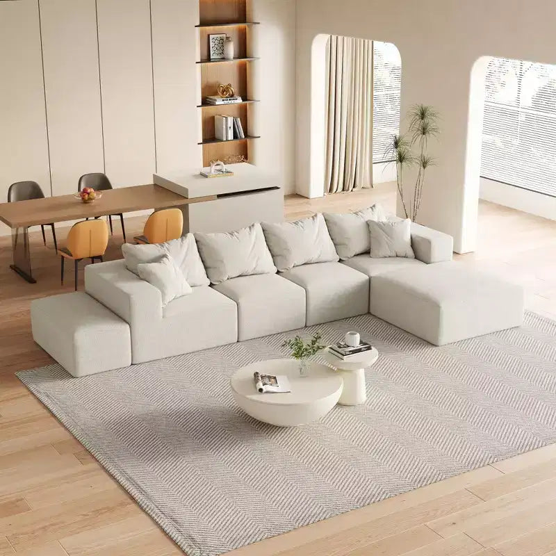 Set Divano Componibile a L per Soggiorno da 132 Pollici in Ciniglia Beige con 6 Cuscini