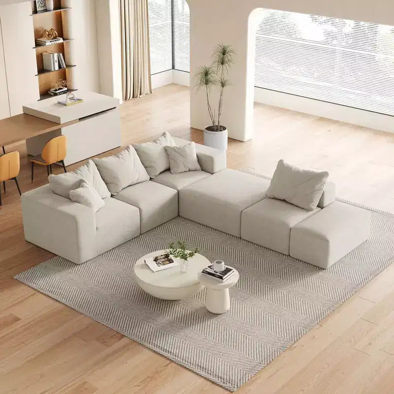 Set Divano Componibile a L per Soggiorno da 132 Pollici in Ciniglia Beige con 6 Cuscini