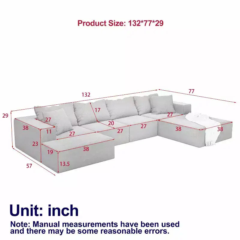 Set Divano Componibile a L per Soggiorno da 132 Pollici in Ciniglia Beige con 6 Cuscini