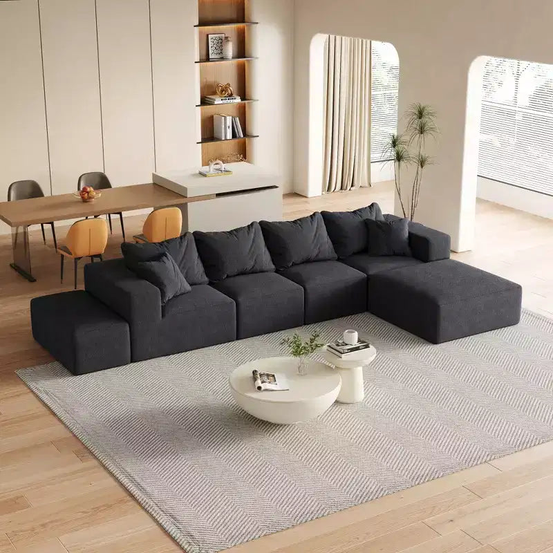 Set Divano Componibile a L per Soggiorno da 132 Pollici in Ciniglia Beige con 6 Cuscini