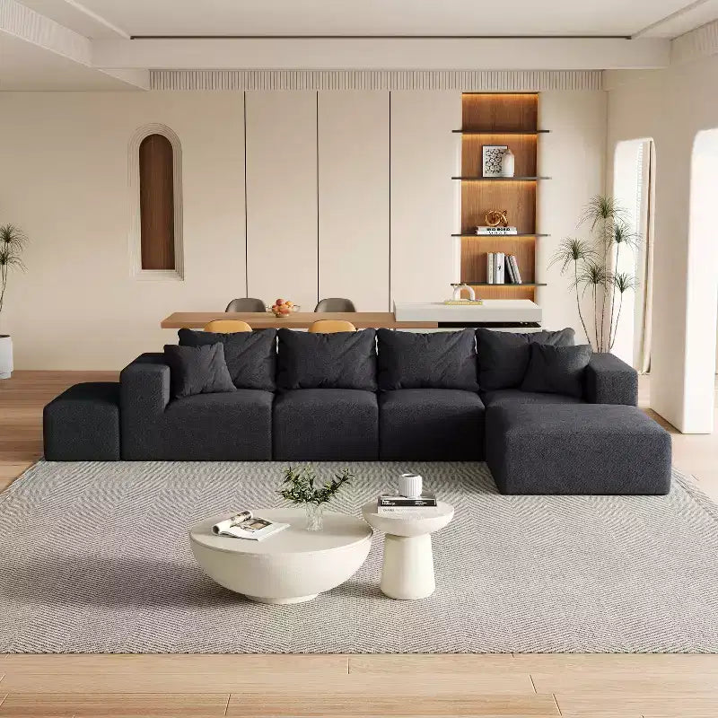 Set Divano Componibile a L per Soggiorno da 132 Pollici in Ciniglia Beige con 6 Cuscini