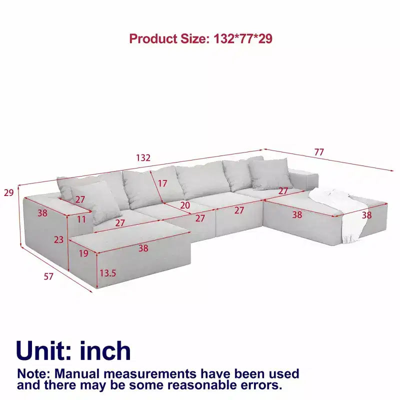 Set Divano Componibile a L per Soggiorno da 132 Pollici in Ciniglia Beige con 6 Cuscini