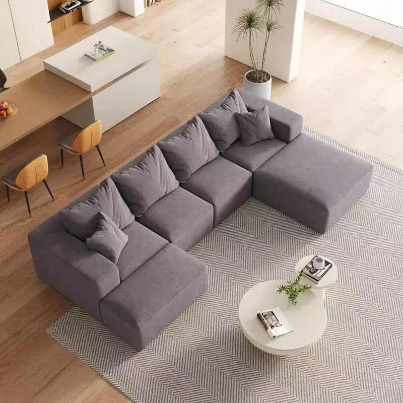 Set Divano Componibile a L per Soggiorno da 132 Pollici in Ciniglia Beige con 6 Cuscini