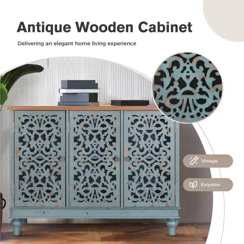 Mobile buffet credenza Captiva Designs con ante cave traforate effetto invecchiato e gambe in legno massello per soggiorno, ingresso e atrio