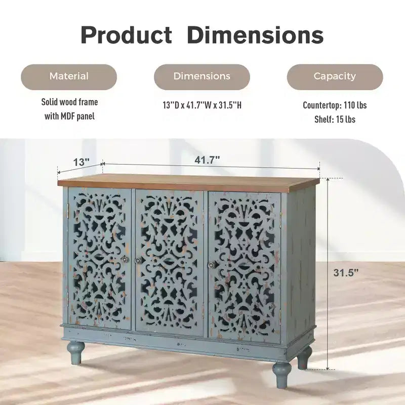 Mobile buffet credenza Captiva Designs con ante cave traforate effetto invecchiato e gambe in legno massello per soggiorno, ingresso e atrio