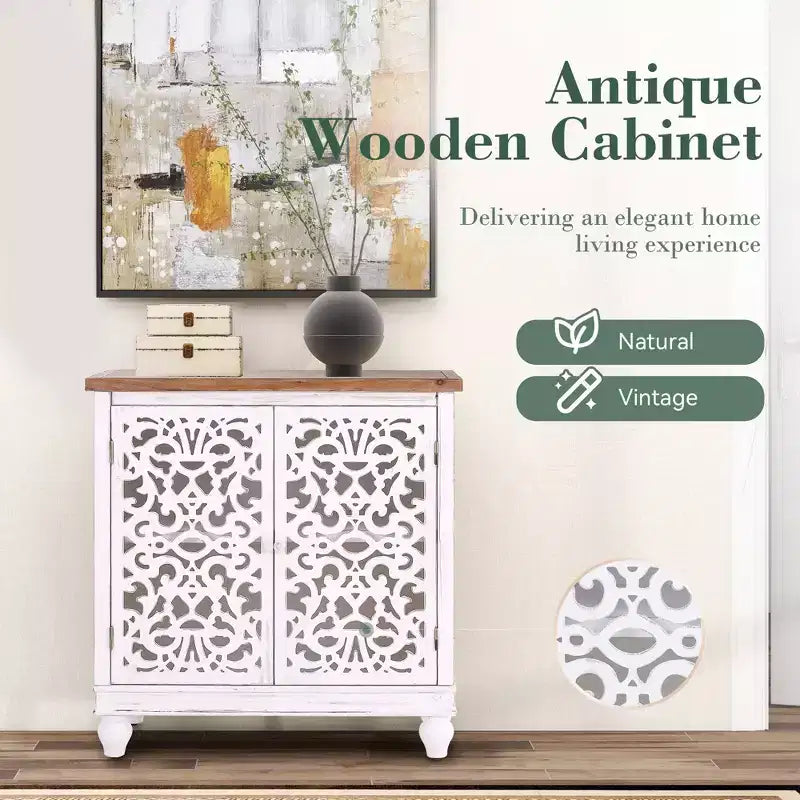 Mobile buffet credenza Captiva Designs con ante cave traforate effetto invecchiato e gambe in legno massello per soggiorno, ingresso e atrio