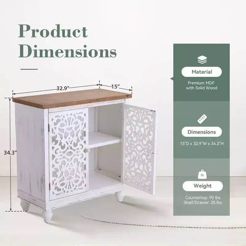 Mobile buffet credenza Captiva Designs con ante cave traforate effetto invecchiato e gambe in legno massello per soggiorno, ingresso e atrio