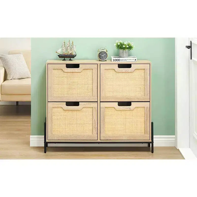 Scarpiera a 4 cassetti con ante in rattan e gambe in metallo, stile rustico, per ingresso/armadio