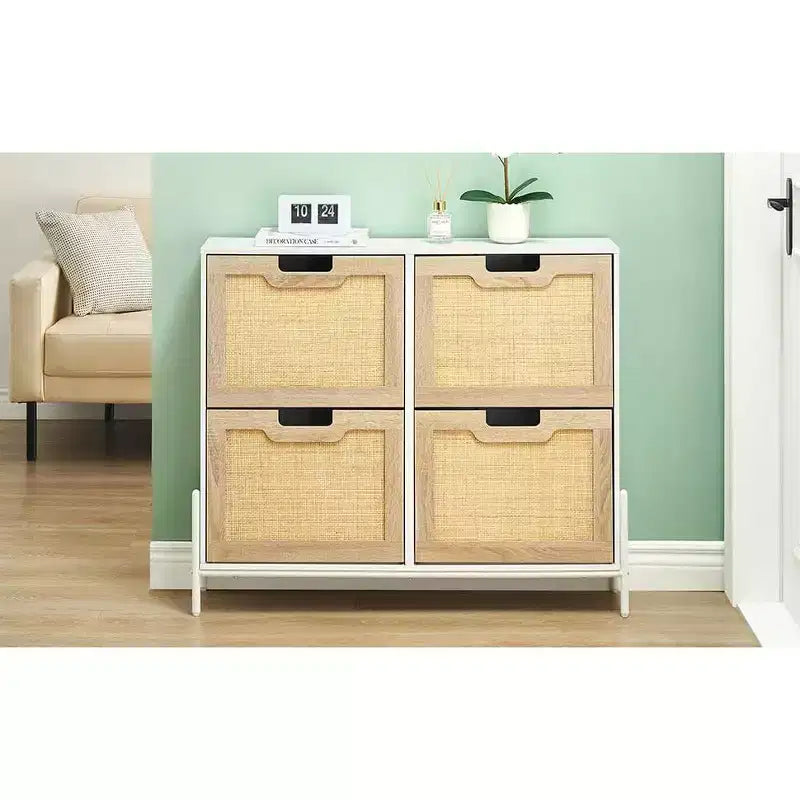 Scarpiera a 4 cassetti con ante in rattan e gambe in metallo, stile rustico, per ingresso/armadio