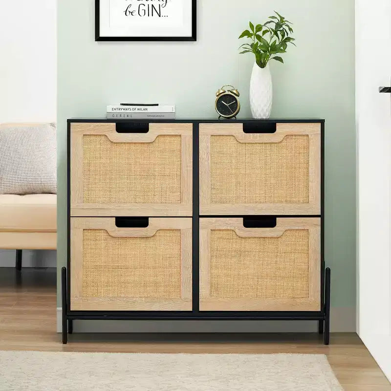4-Drawer Shoe Storage Cabinet  Farmhouse Rattan Organizer with Metal Legs for Entryway/Closet