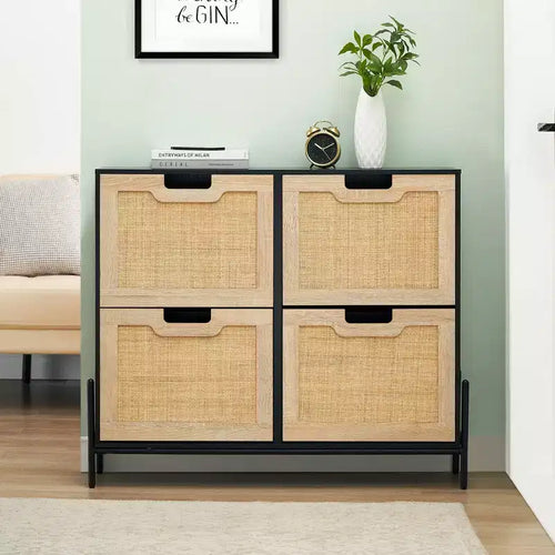 4-Drawer Shoe Storage Cabinet  Farmhouse Rattan Organizer with Metal Legs for Entryway/Closet