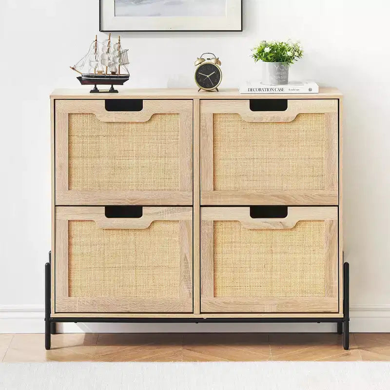 Scarpiera a 4 cassetti con ante in rattan e gambe in metallo, stile rustico, per ingresso/armadio