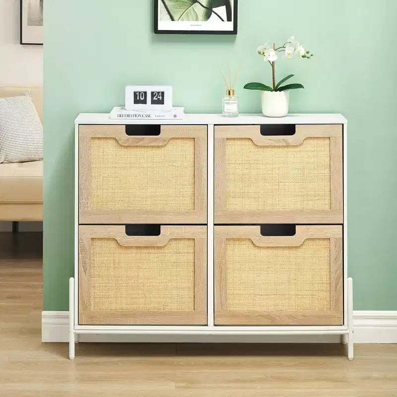 Scarpiera a 4 cassetti con ante in rattan e gambe in metallo, stile rustico, per ingresso/armadio