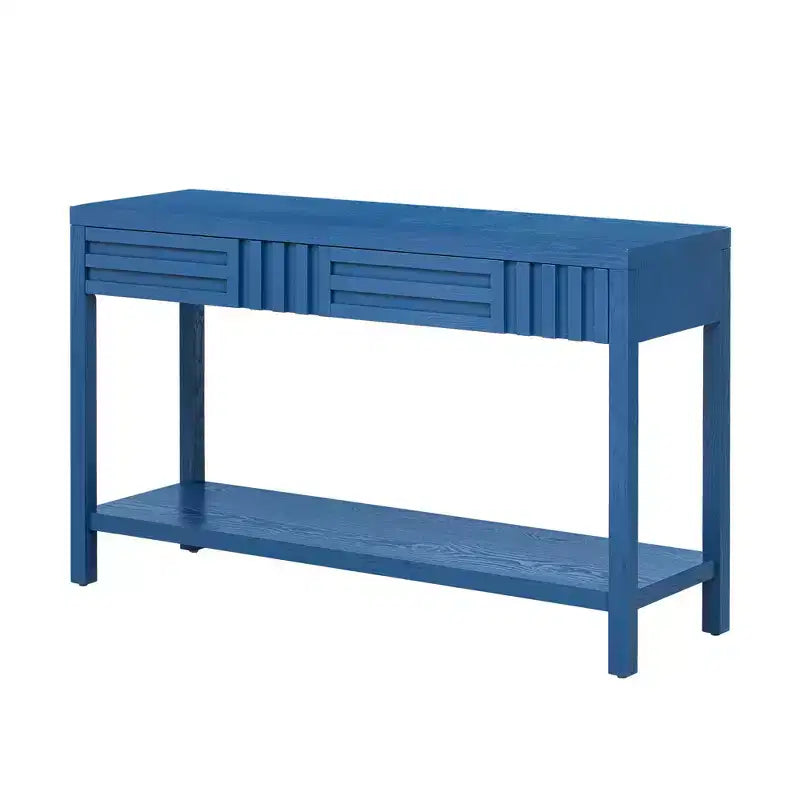 Okak 51.3IN Tavolo Consolle Moderno con Impiallacciatura in Frassino e Design a Strisce, Tavolo da Ingresso con 2 Cassetti, Tavolo da Corridoio per Soggiorno, Ingresso, Blu Navy