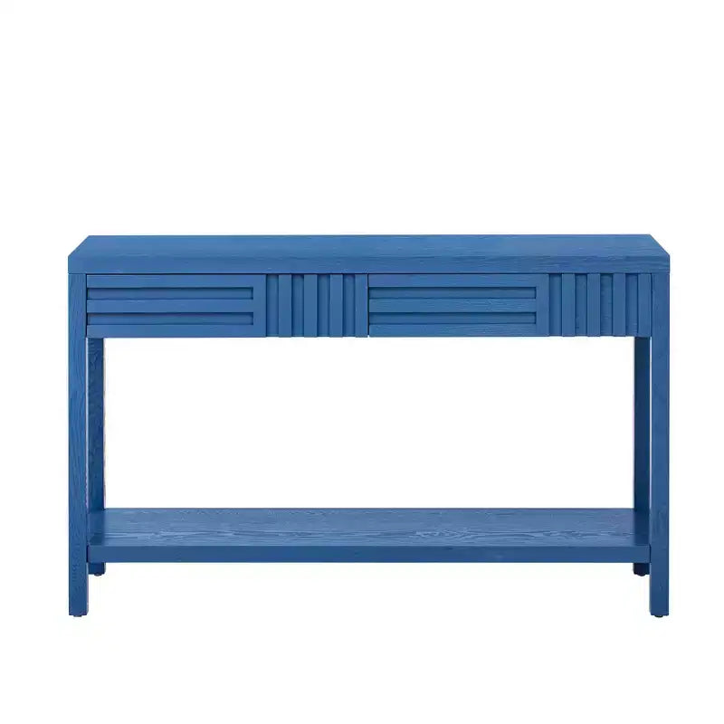 Okak 51.3IN Tavolo Consolle Moderno con Impiallacciatura in Frassino e Design a Strisce, Tavolo da Ingresso con 2 Cassetti, Tavolo da Corridoio per Soggiorno, Ingresso, Blu Navy