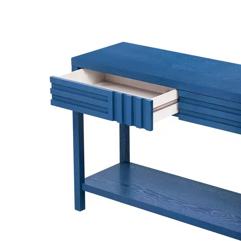 Okak 51.3IN Tavolo Consolle Moderno con Impiallacciatura in Frassino e Design a Strisce, Tavolo da Ingresso con 2 Cassetti, Tavolo da Corridoio per Soggiorno, Ingresso, Blu Navy