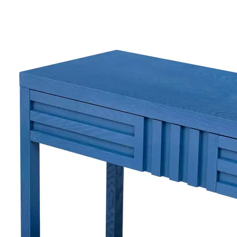 Okak 51.3IN Tavolo Consolle Moderno con Impiallacciatura in Frassino e Design a Strisce, Tavolo da Ingresso con 2 Cassetti, Tavolo da Corridoio per Soggiorno, Ingresso, Blu Navy