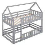 Letto a castello Okak 77IN per bambini con telaio a casetta, letto singolo con recinzione e porta, strutture letto per camera bambini, sala giochi, grigio