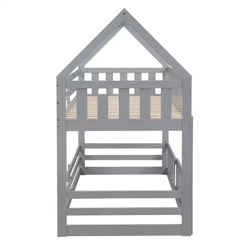 Letto a castello Okak 77IN per bambini con telaio a casetta, letto singolo con recinzione e porta, strutture letto per camera bambini, sala giochi, grigio