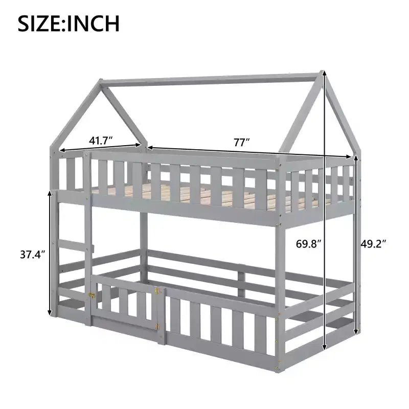 Letto a castello Okak 77IN per bambini con telaio a casetta, letto singolo con recinzione e porta, strutture letto per camera bambini, sala giochi, grigio
