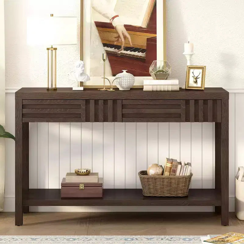 Okak 51.3IN Modern Console Table with Ash Veneer and Striped Design, Entryway Table with 2 Drawers, Hallway Table for Living Room, Foyer, Brown