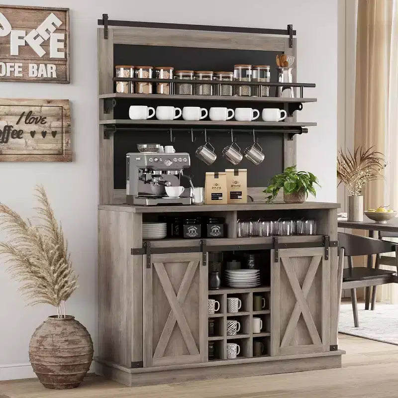 75 Armadietto Alto per Caffè Grande Mobile da Cucina Dispensa Contenitore Bianco Mobile Bar Caffè Credenza con Anta Scorrevole a Fienile