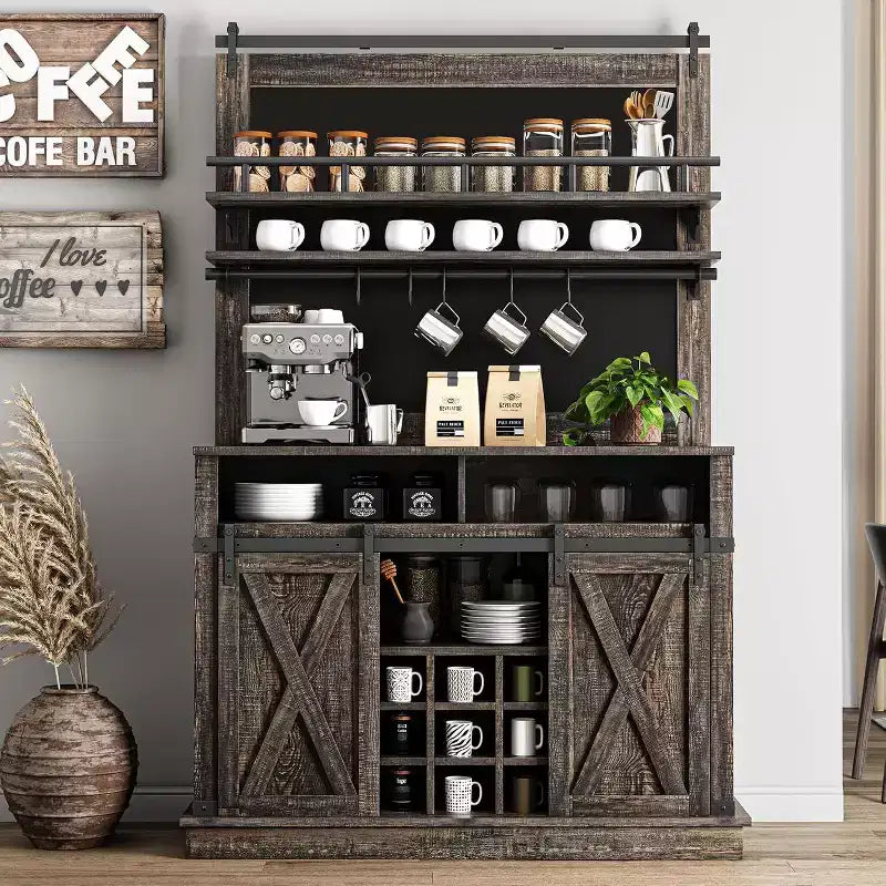 75 Armadietto Alto per Caffè Grande Mobile da Cucina Dispensa Contenitore Bianco Mobile Bar Caffè Credenza con Anta Scorrevole a Fienile