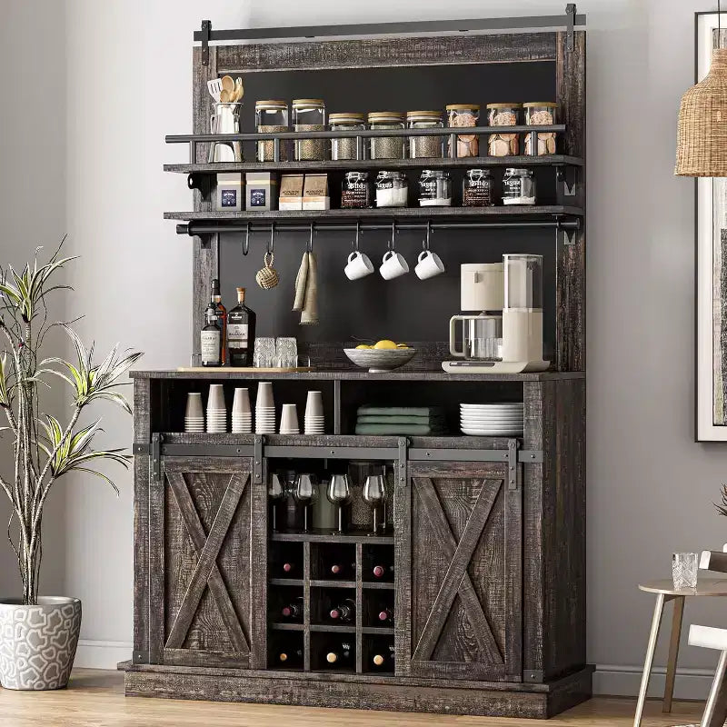 75 Armadietto Alto per Caffè Grande Mobile da Cucina Dispensa Contenitore Bianco Mobile Bar Caffè Credenza con Anta Scorrevole a Fienile