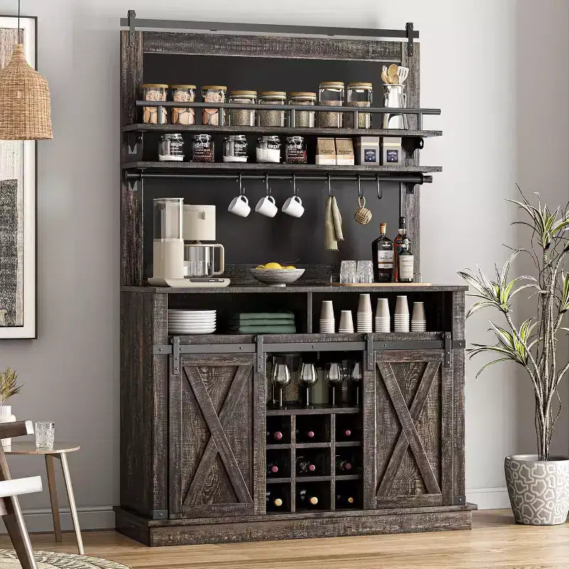 75 Armadietto Alto per Caffè Grande Mobile da Cucina Dispensa Contenitore Bianco Mobile Bar Caffè Credenza con Anta Scorrevole a Fienile