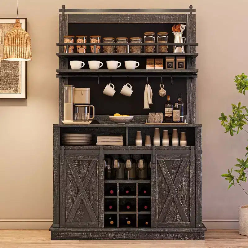 75 Armadietto Alto per Caffè Grande Mobile da Cucina Dispensa Contenitore Bianco Mobile Bar Caffè Credenza con Anta Scorrevole a Fienile