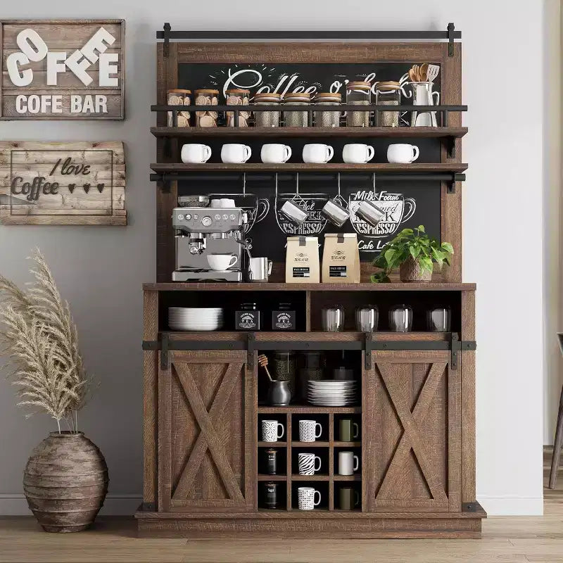 75 Armadietto Alto per Caffè Grande Mobile da Cucina Dispensa Contenitore Bianco Mobile Bar Caffè Credenza con Anta Scorrevole a Fienile