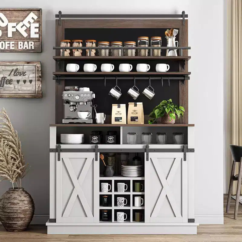 75 Armadietto Alto per Caffè Grande Mobile da Cucina Dispensa Contenitore Bianco Mobile Bar Caffè Credenza con Anta Scorrevole a Fienile