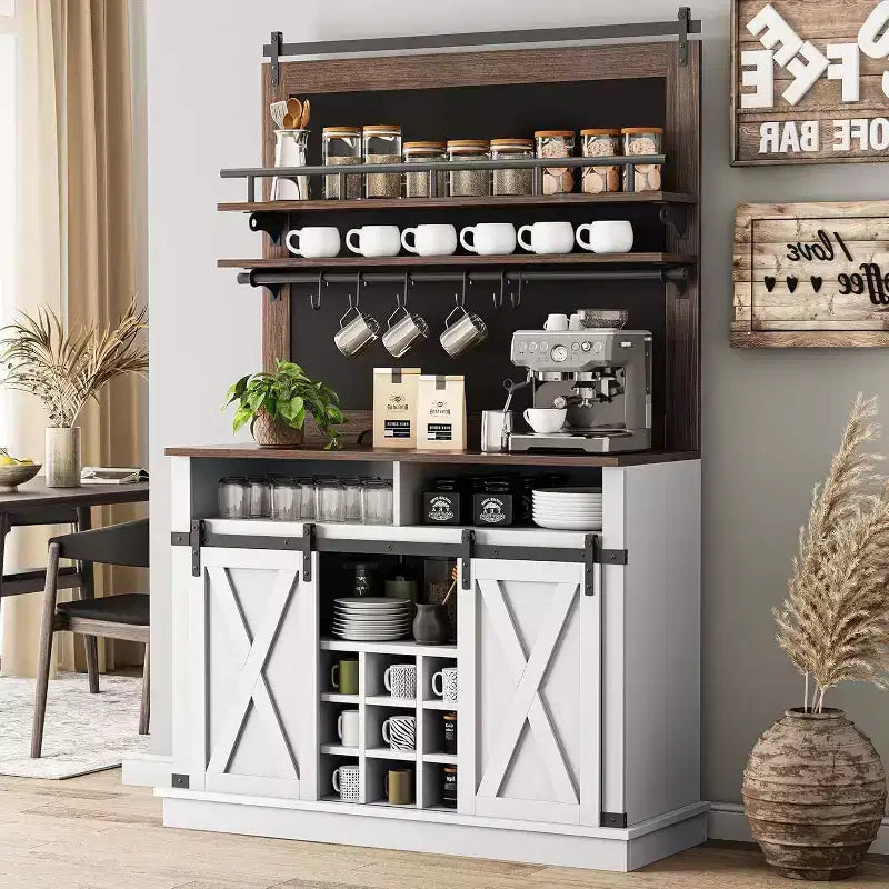 75 Armadietto Alto per Caffè Grande Mobile da Cucina Dispensa Contenitore Bianco Mobile Bar Caffè Credenza con Anta Scorrevole a Fienile