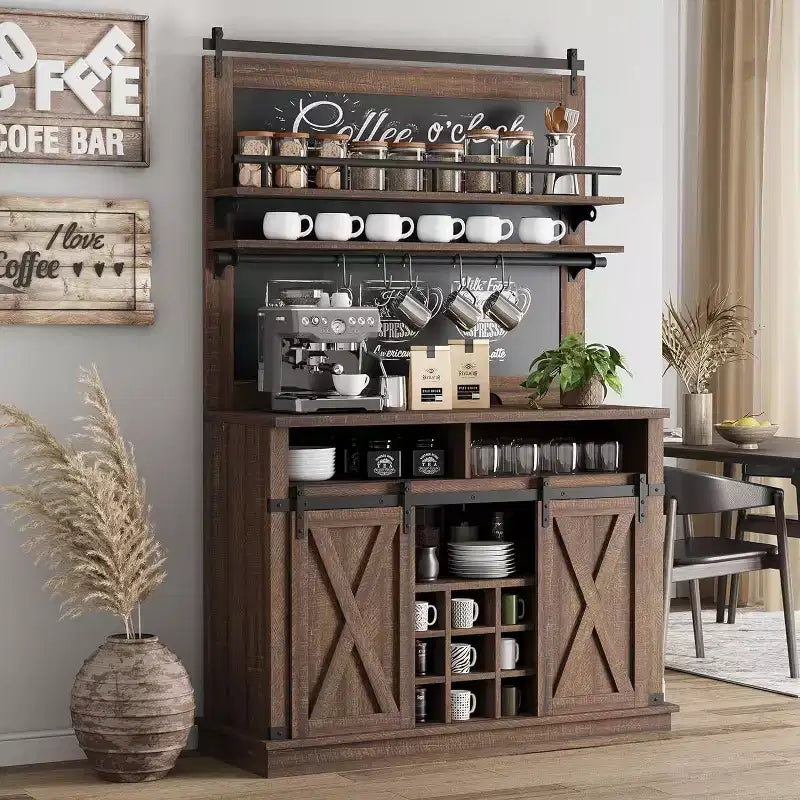 75 Armadietto Alto per Caffè Grande Mobile da Cucina Dispensa Contenitore Bianco Mobile Bar Caffè Credenza con Anta Scorrevole a Fienile