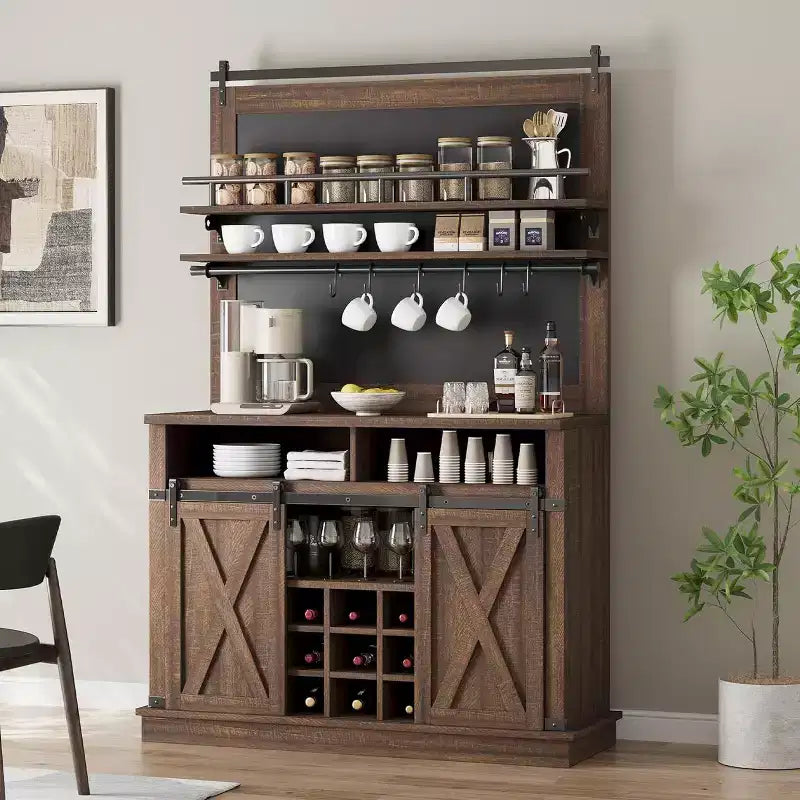 75 Armadietto Alto per Caffè Grande Mobile da Cucina Dispensa Contenitore Bianco Mobile Bar Caffè Credenza con Anta Scorrevole a Fienile