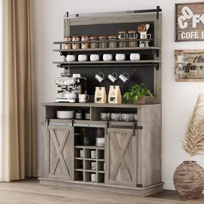 75 Armadietto Alto per Caffè Grande Mobile da Cucina Dispensa Contenitore Bianco Mobile Bar Caffè Credenza con Anta Scorrevole a Fienile