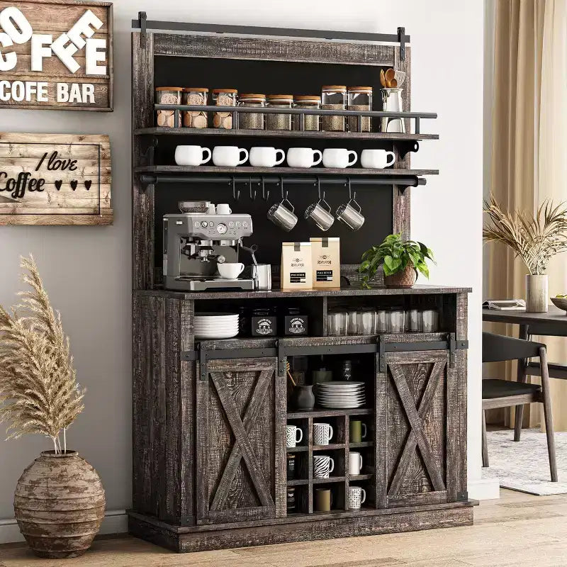 75 Armadietto Alto per Caffè Grande Mobile da Cucina Dispensa Contenitore Bianco Mobile Bar Caffè Credenza con Anta Scorrevole a Fienile