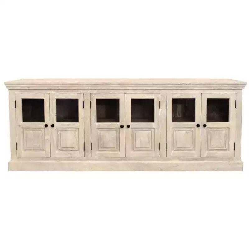 HomeRoots 93 Antiqued White Distressed Solid Wood Sideboard with Six Glass Doors