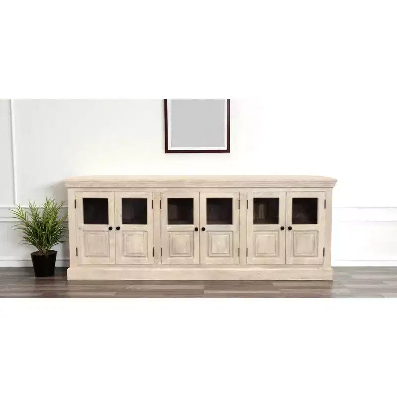 HomeRoots 93 Credenza in legno massello bianco anticato invecchiato con sei ante in vetro