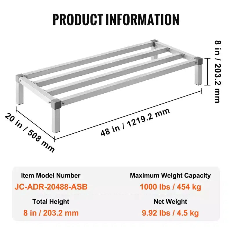 VEVOR Scaffale in Alluminio, 122 x 51 cm, per Alimenti Commerciali, Rialzato di 20 cm, Capacità 450 kg, Scaffale in Alluminio Completamente Saldato, Argento