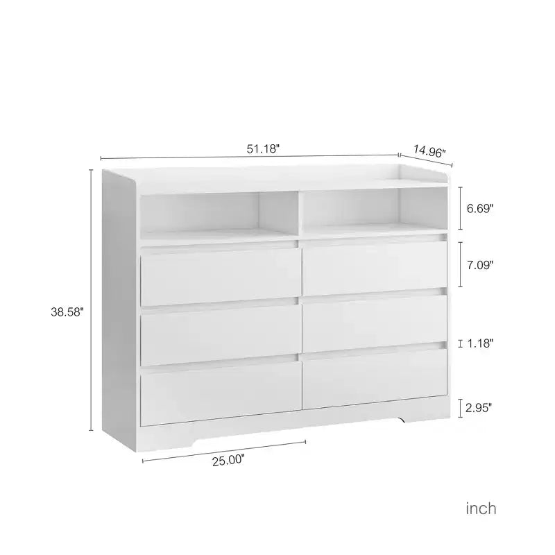 Comò bianco con 6 cassetti, Cassettiera ampia in legno per camera da letto, Mobile contenitore alto, Organizzatore moderno e minimalista per armadio o soggiorno