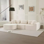 Dovelina Teddy Fabric Foam-Filled Sleeper 3-Seat Sofa,Modern Comfy Upholstered Sofa L-Shape Couches with Soft Pillows