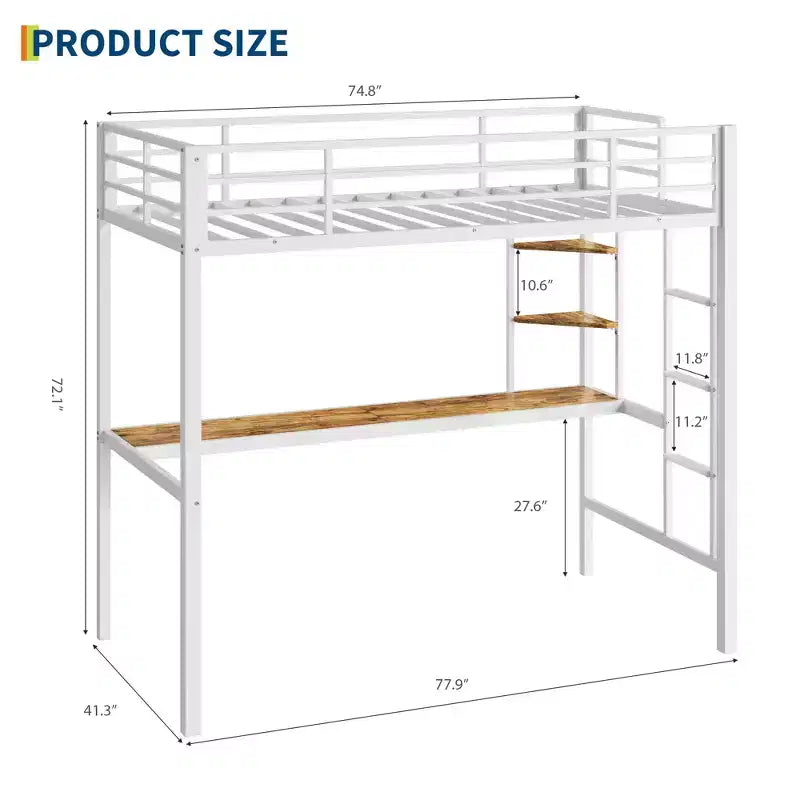 Letto a soppalco singolo con ampia scrivania e ripiani portaoggetti, letto a soppalco in metallo con sponda di sicurezza e scaletta per bambini e adulti, salvaspazio