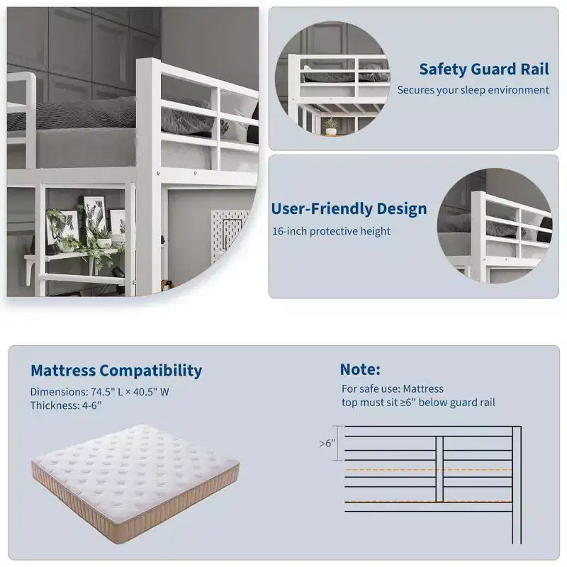 Letto a soppalco singolo con ampia scrivania e ripiani portaoggetti, letto a soppalco in metallo con sponda di sicurezza e scaletta per bambini e adulti, salvaspazio