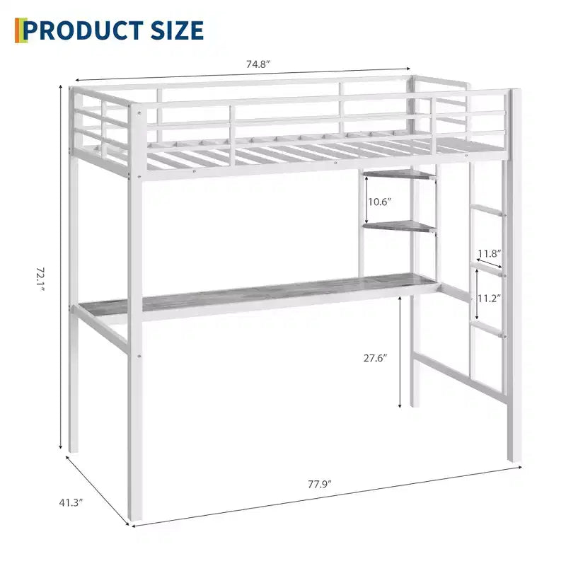 Letto a soppalco singolo con ampia scrivania e ripiani portaoggetti, letto a soppalco in metallo con sponda di sicurezza e scaletta per bambini e adulti, salvaspazio