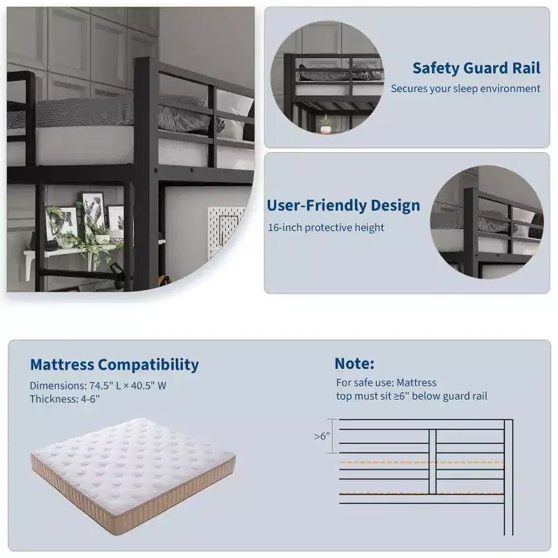 Letto a soppalco singolo con ampia scrivania e ripiani portaoggetti, letto a soppalco in metallo con sponda di sicurezza e scaletta per bambini e adulti, salvaspazio
