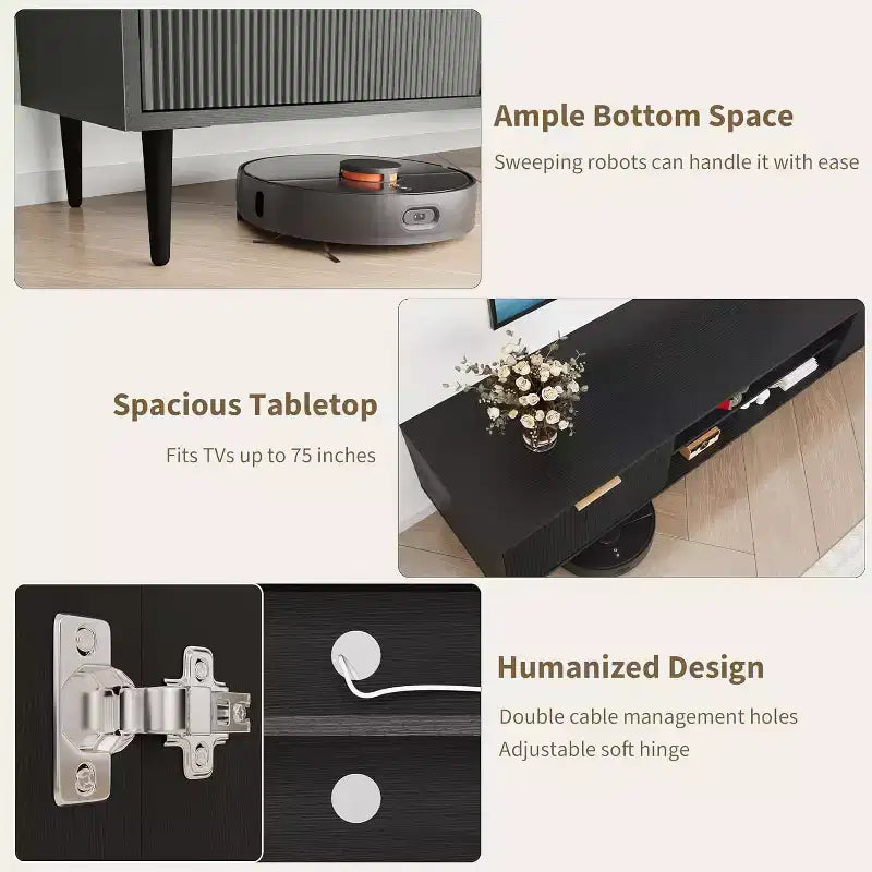 Mobile TV moderno COZONY con pannello scanalato e vani portaoggetti, Consolle per centro di intrattenimento per soggiorno