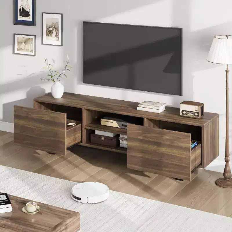 Mobile TV industriale COZONY con 2 cassetti, mobile porta TV in legno naturale con gambe robuste per soggiorno